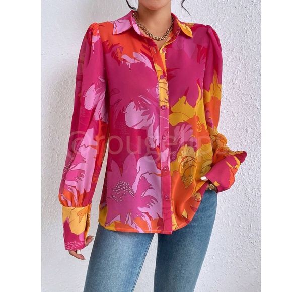 Floral Multicolor Button Down Puff Long Sleeve Sheer Shirt - Picture 3 of 7